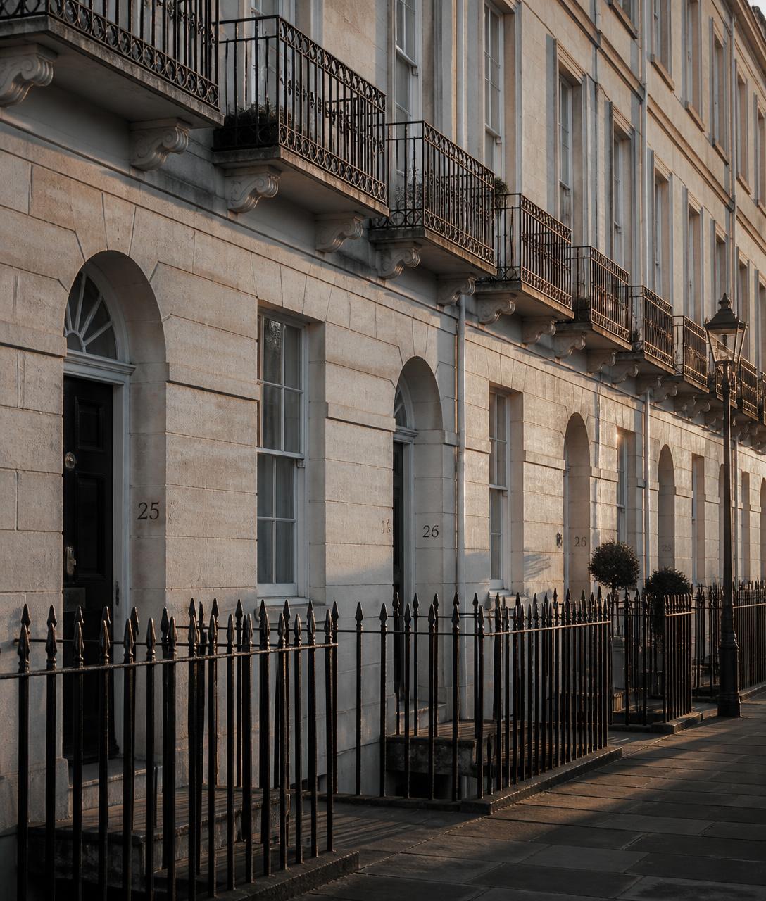 A restored British brick terrace at dusk